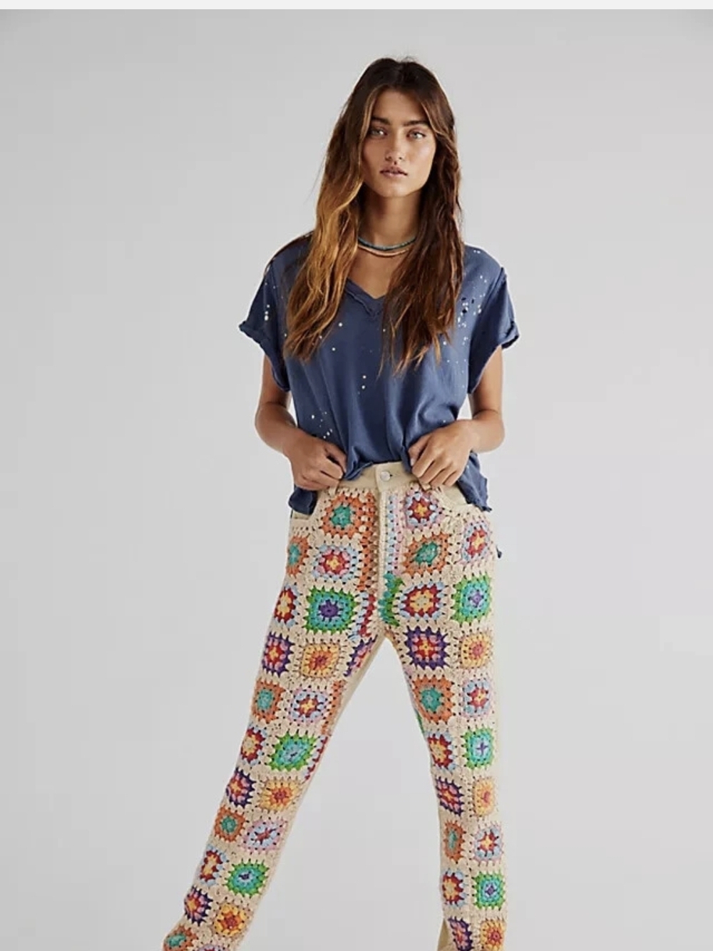 We The Free By Free People Multicolor Crochet Straight-Leg Jeans.